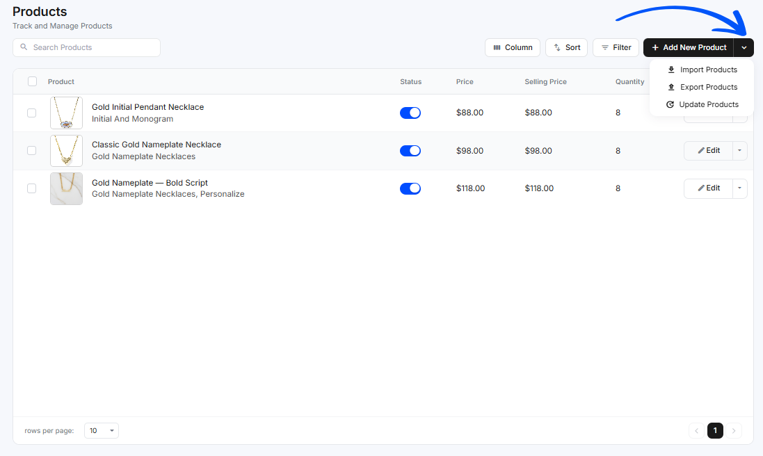 The Add New Product dropdown open, showing Import Products, Export Products, and Update Products