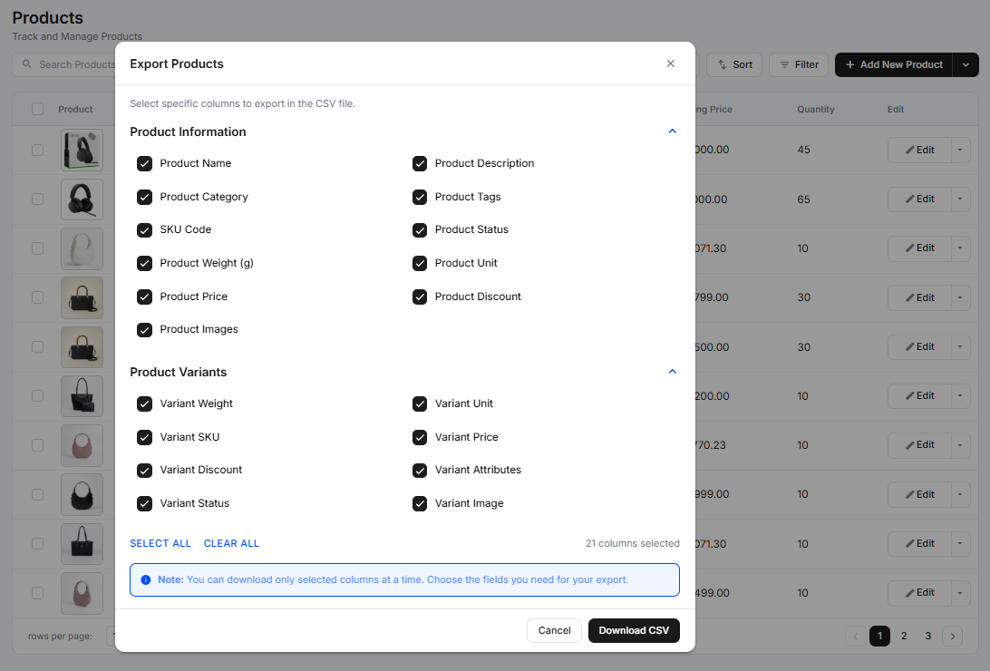 The Export Products dialog with Product Information and Product Variants column checkboxes, Select all / Clear all, and a Download CSV button