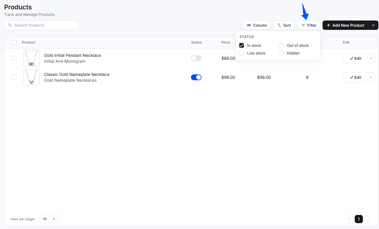 The Filter menu with status options: In stock, Out of stock, Low stock, and Hidden