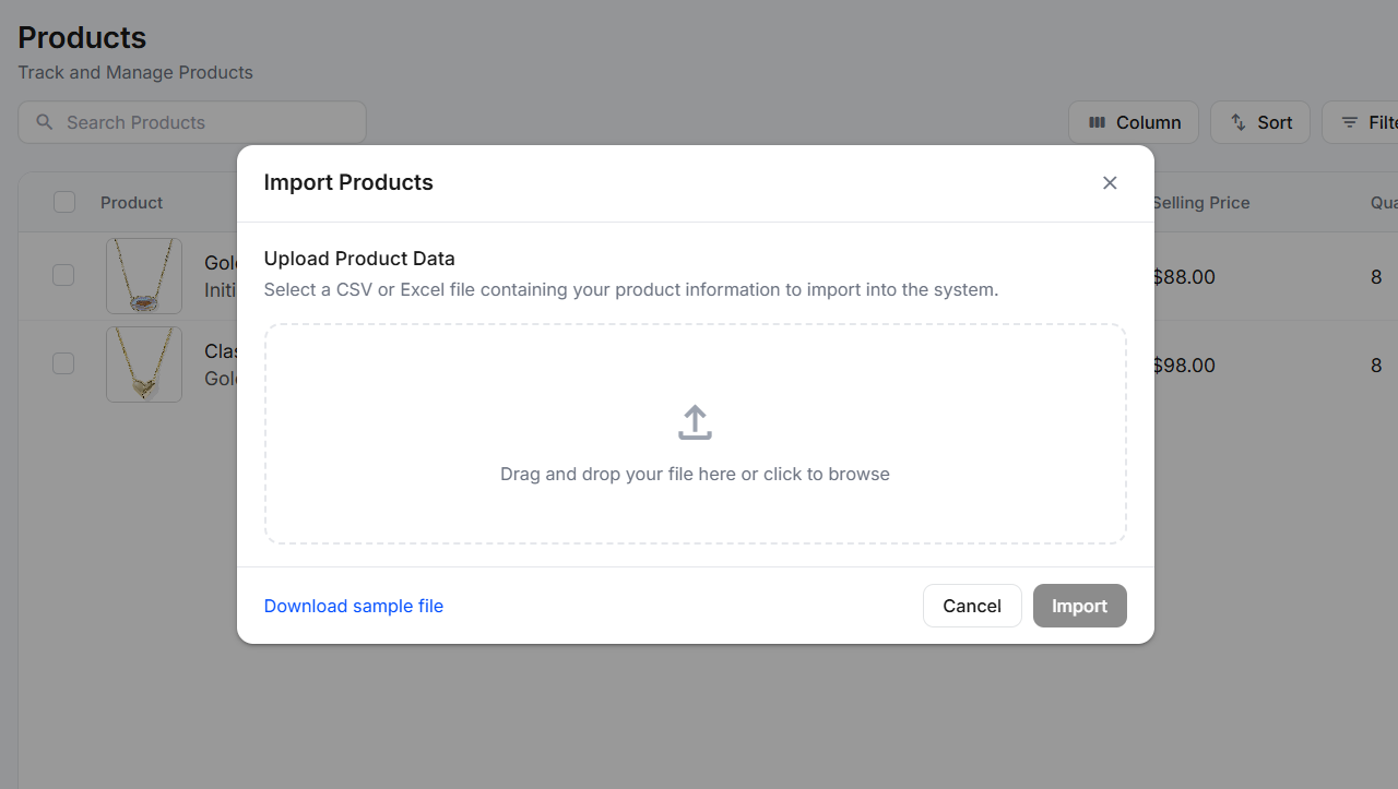 The Import Products dialog with an upload area and a Download sample file link