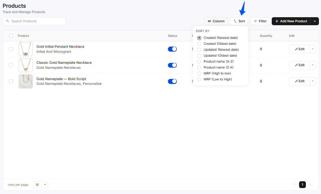 The Sort by menu with options for Created, Updated, Product name (A-Z / Z-A), and MRP (High to low / Low to High)