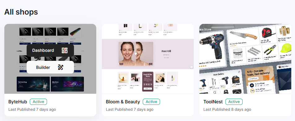 Hover over a shop card to reveal the Dashboard and Builder options
