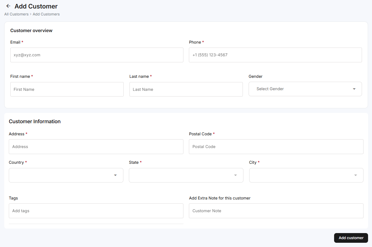 The Add Customer form with Customer overview and Customer Information sections