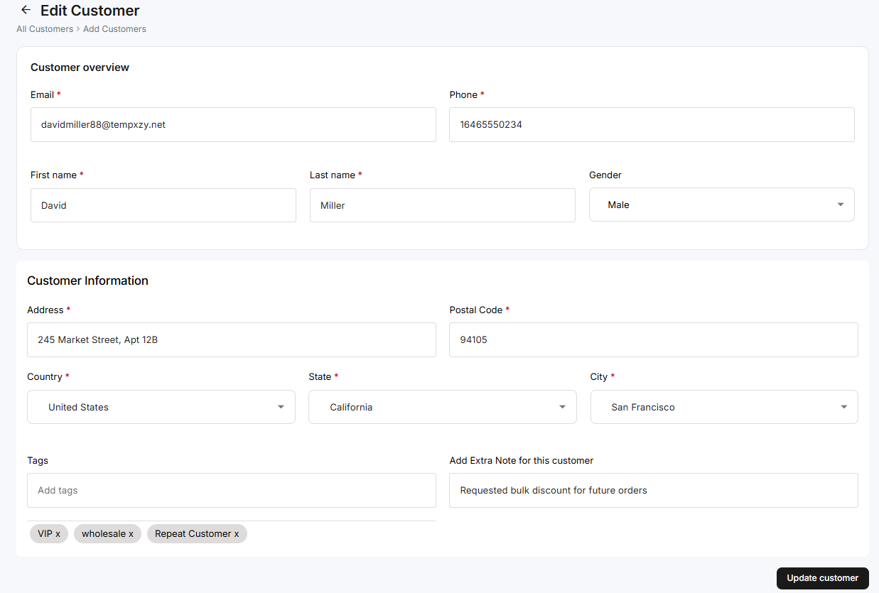 The Edit Customer form pre-filled with the customer's details, including tags