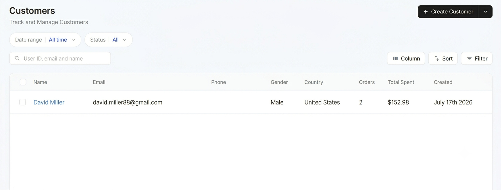 The Customers page with filters, search, and a table of customers