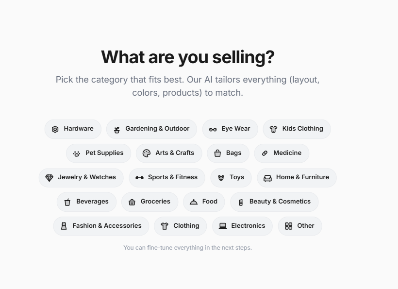 The What are you selling? screen with product category options such as Hardware, Eye Wear, Electronics, and more