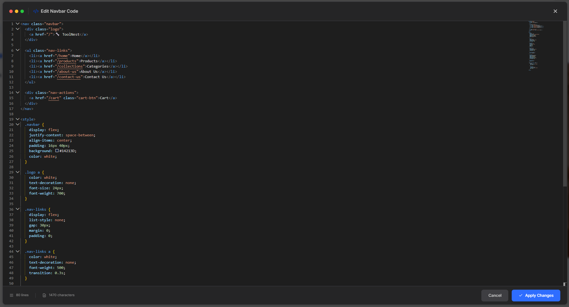 The Edit Navbar Code editor showing the navbar HTML and CSS with Apply Changes