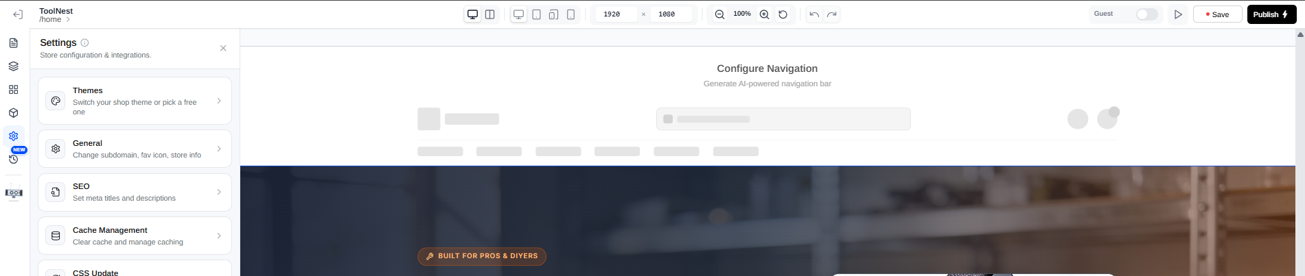 The Builder toolbar with the Save and Publish buttons at the top right