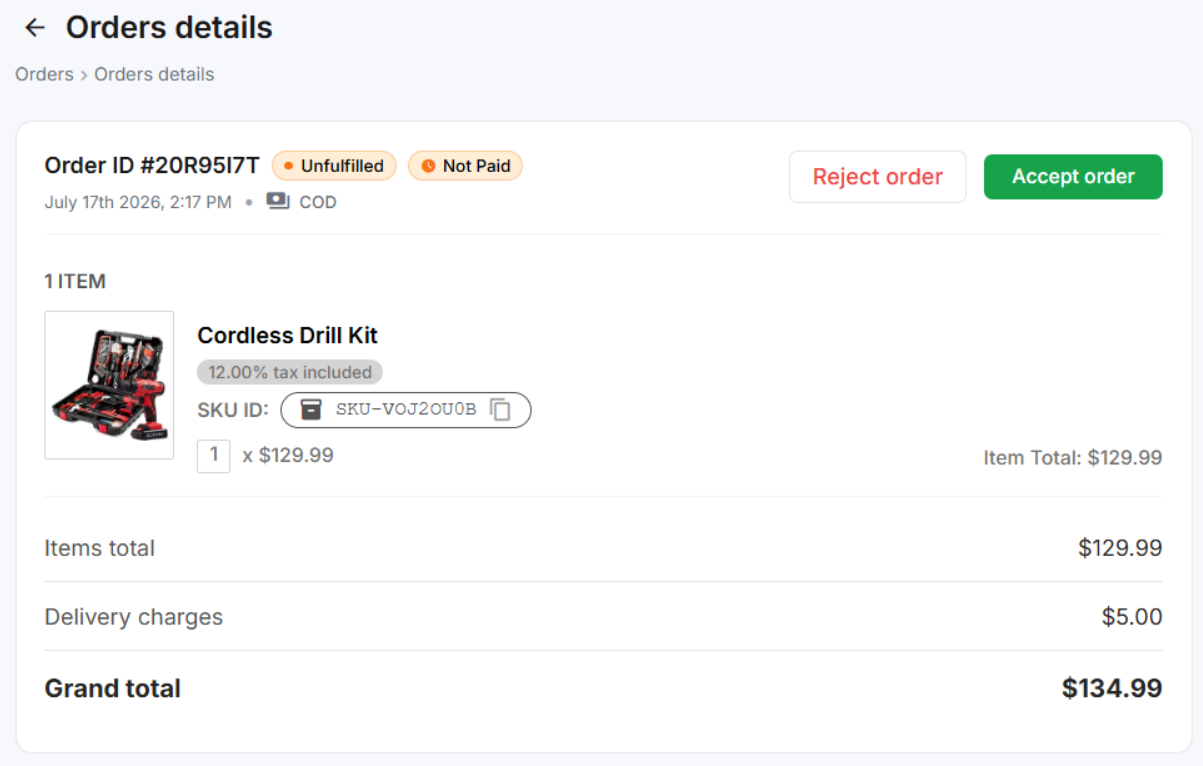 The order details page for a new order with Accept order and Reject order buttons