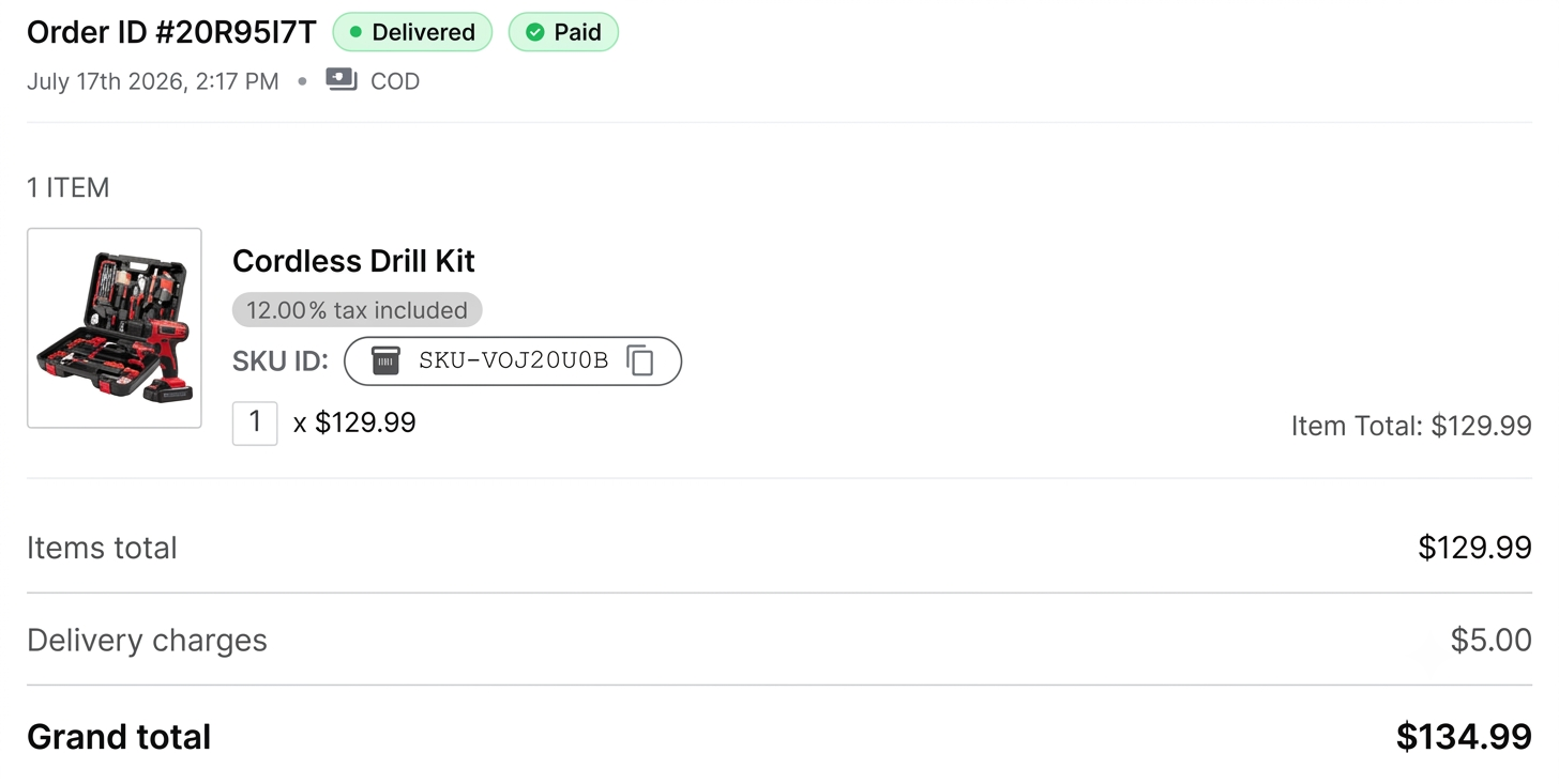 The order marked as Delivered and Paid