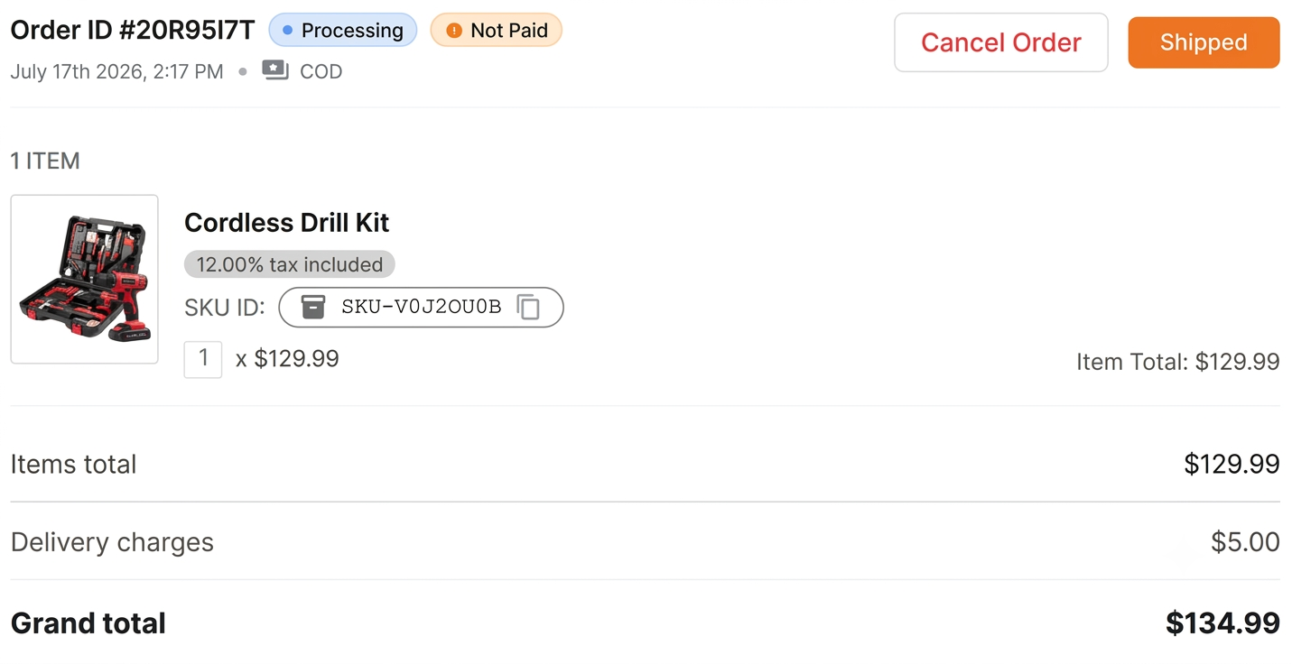 The order in Processing status with the Shipped button