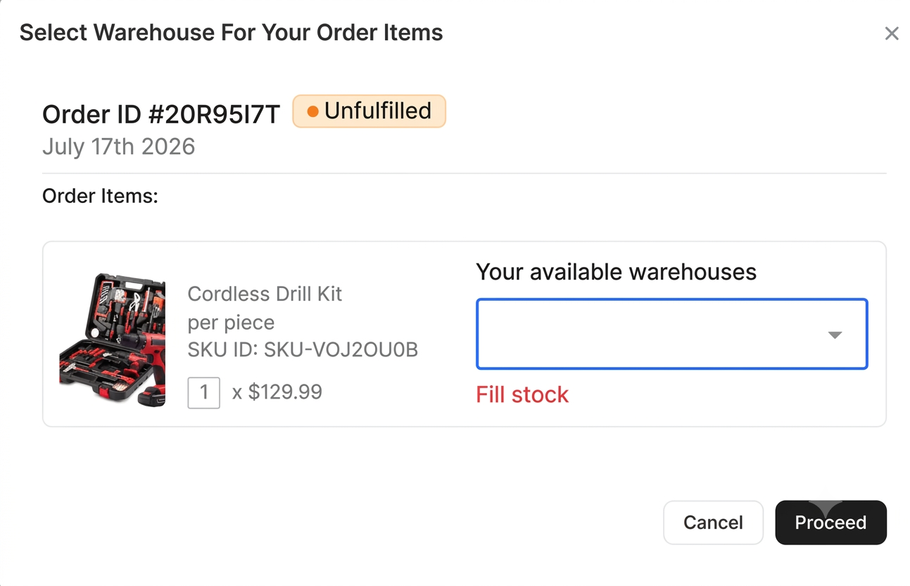 The Select Warehouse window with a Fill stock note and the available warehouses dropdown