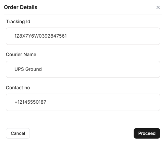The Order Details window with Tracking Id, Courier Name, and Contact no fields