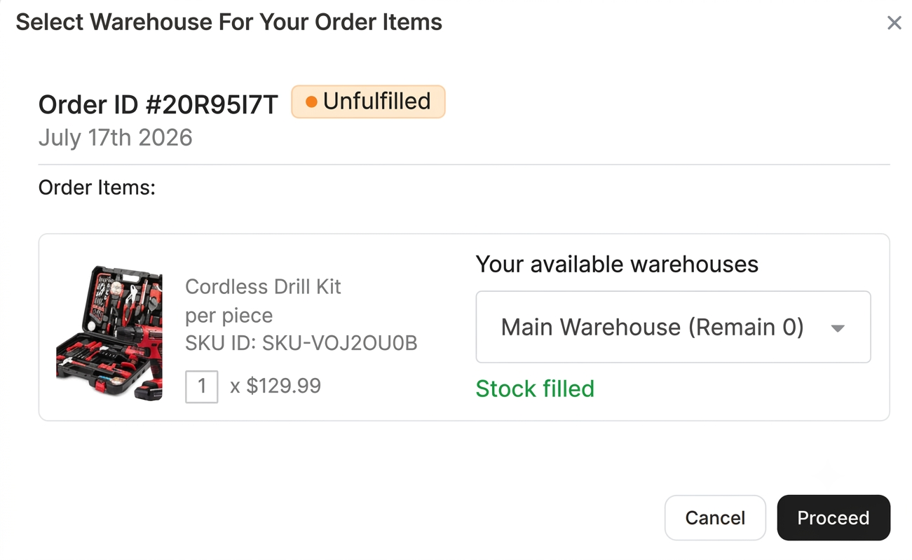 The warehouse selected with a Stock filled confirmation and the Proceed button