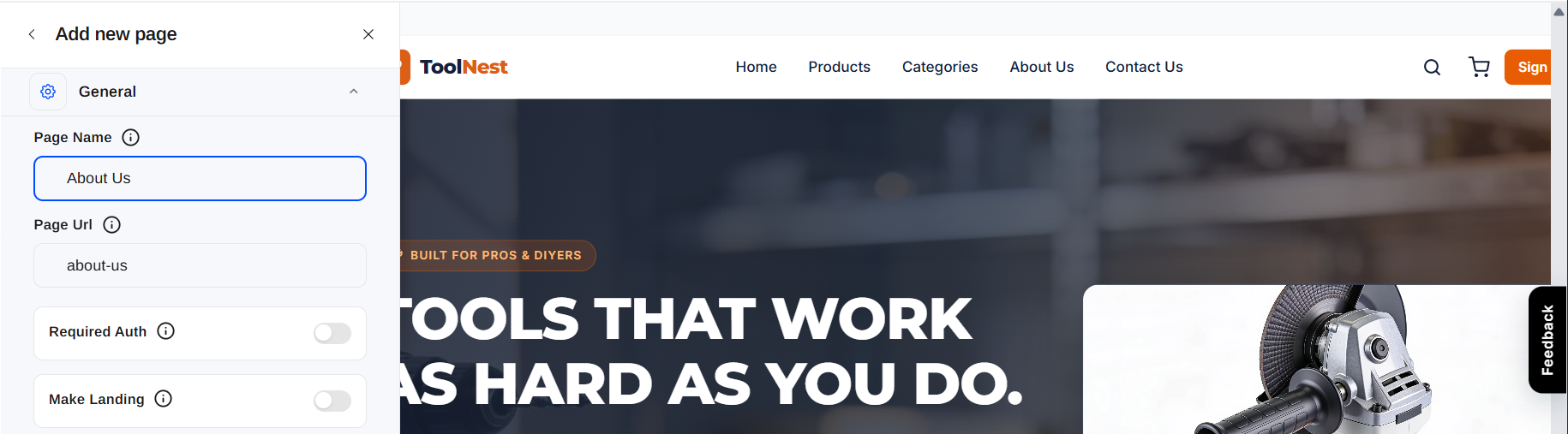 The General section with Page Name, Page Url, Required Auth, and Make Landing