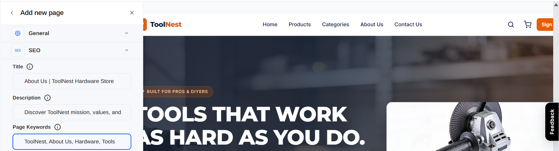 The SEO section with Title, Description, and Page Keywords fields