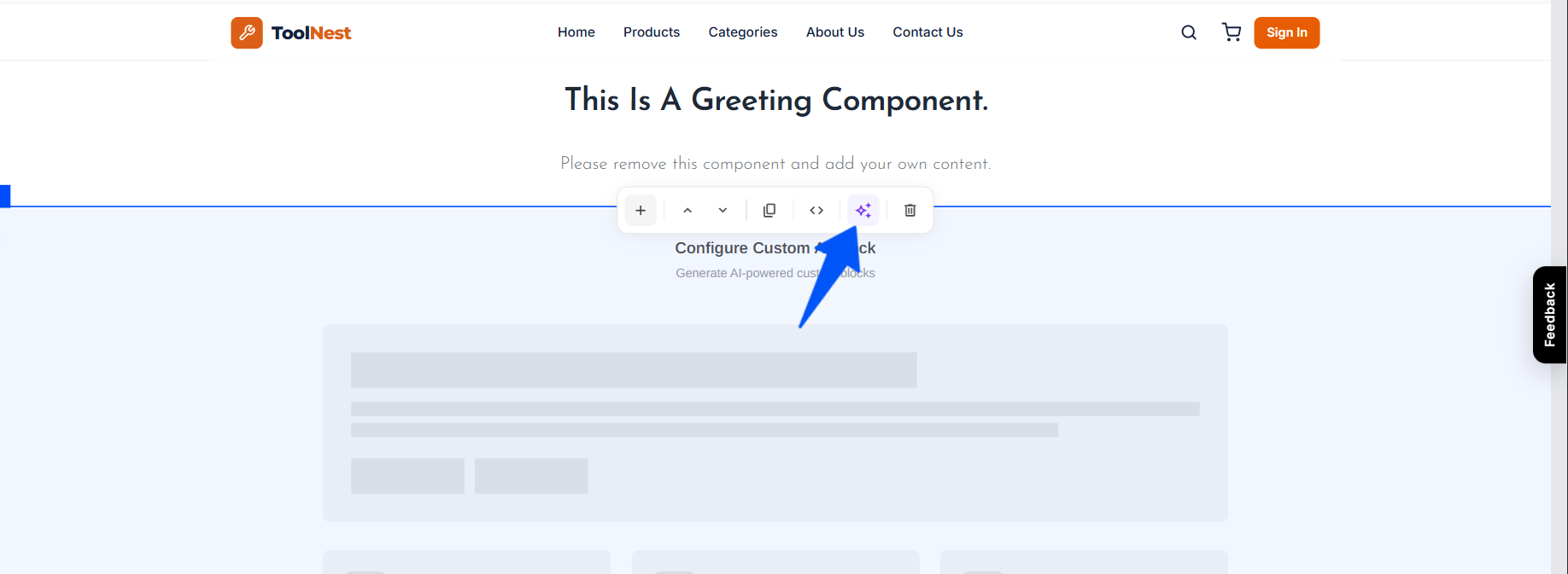 The AI Editor showing Configure Custom AI Block with the Generate custom block with AI button