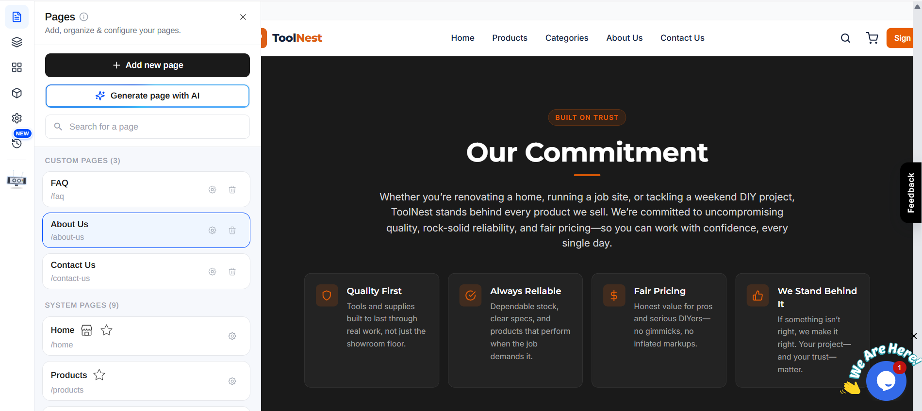 The newly created About Us page listed under Custom Pages