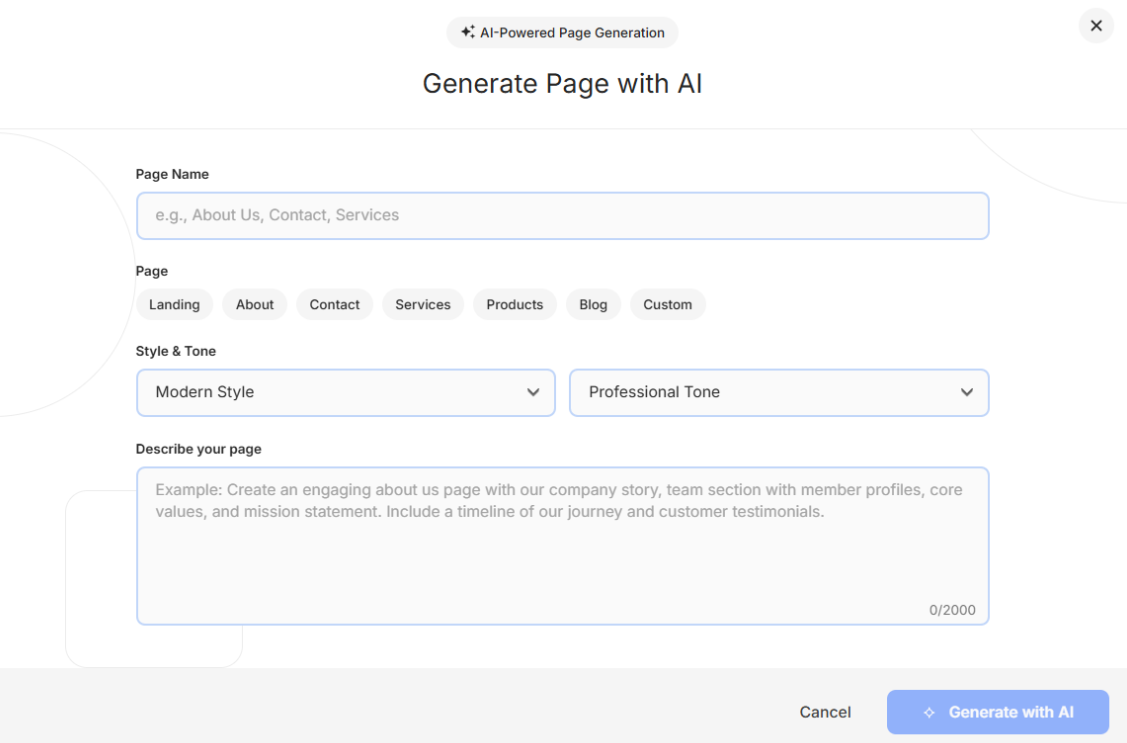 The Generate Page with AI window with Page Name, type, Style and Tone, and description fields