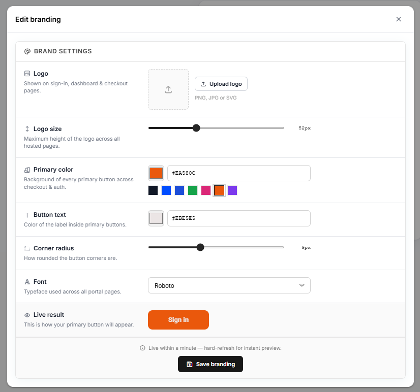 The Edit branding dialog for a Hosted Page