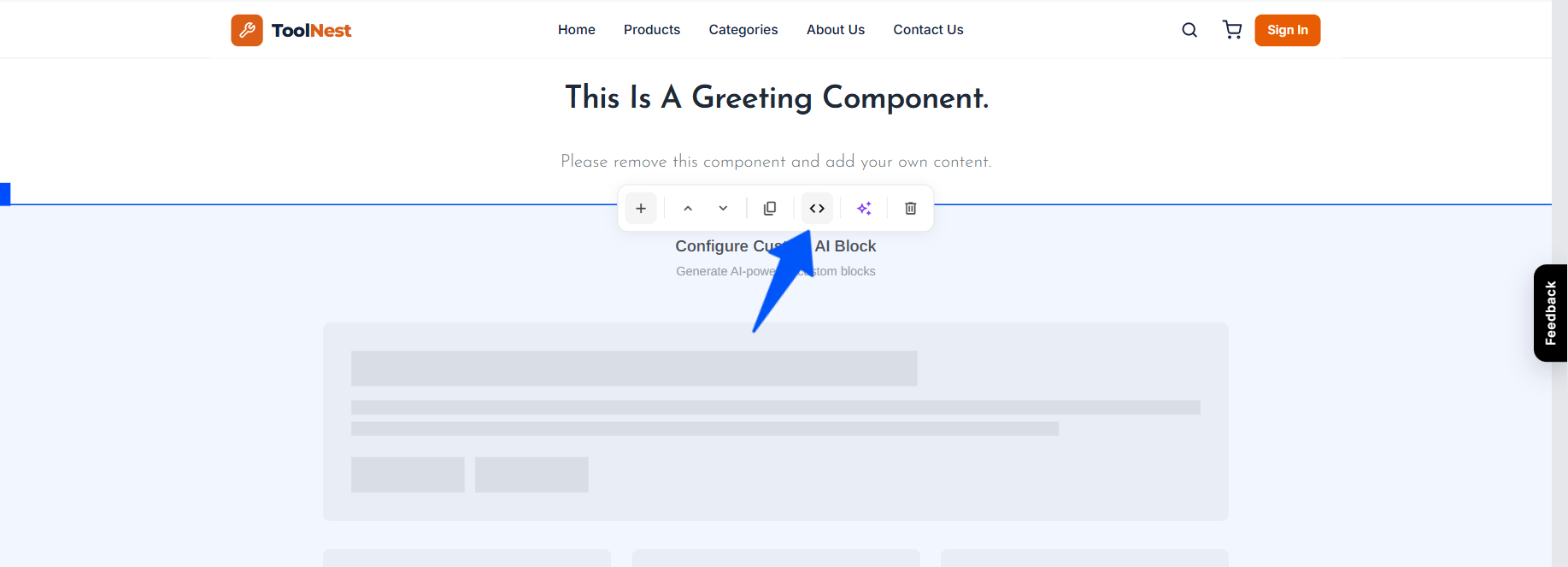 The block toolbar with the code icon highlighted for editing the block manually with code