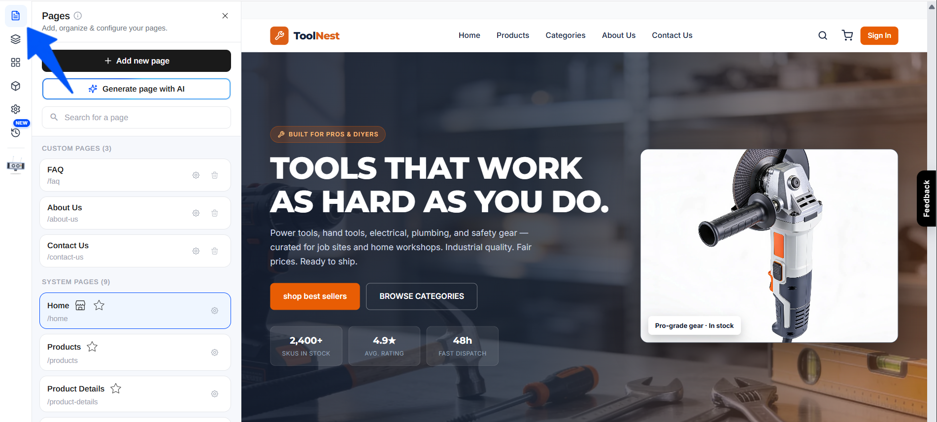 The Pages panel with Add new page and Generate page with AI buttons